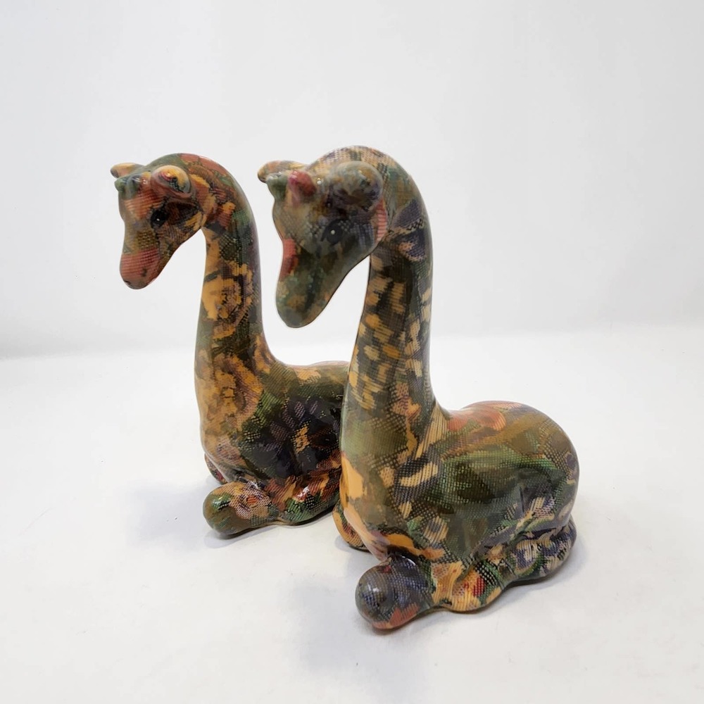 Giraffe Floral Patchwork Glazed Ceramic Figurines Set of 2 7" Sitting Figure